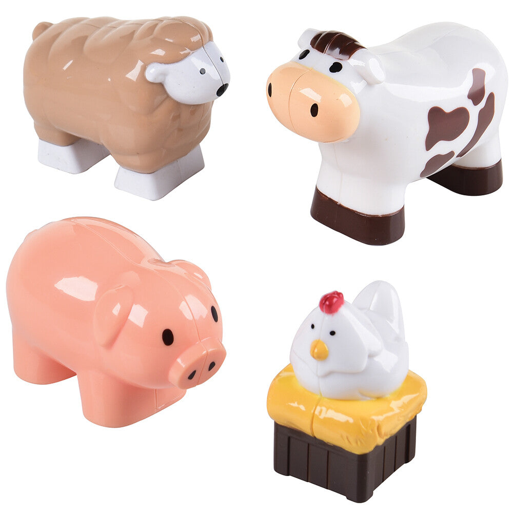 close-up of 4 animals for block play on white background