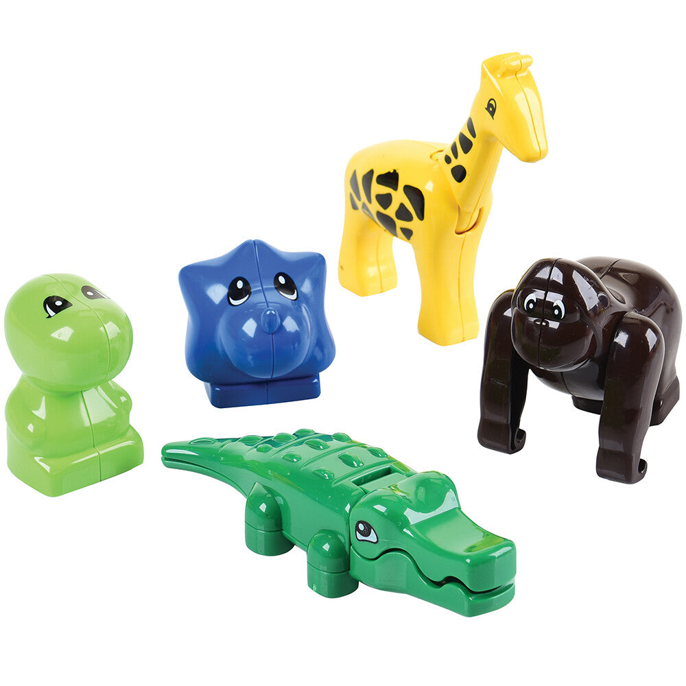 close-up of 5 animals for block play on white background