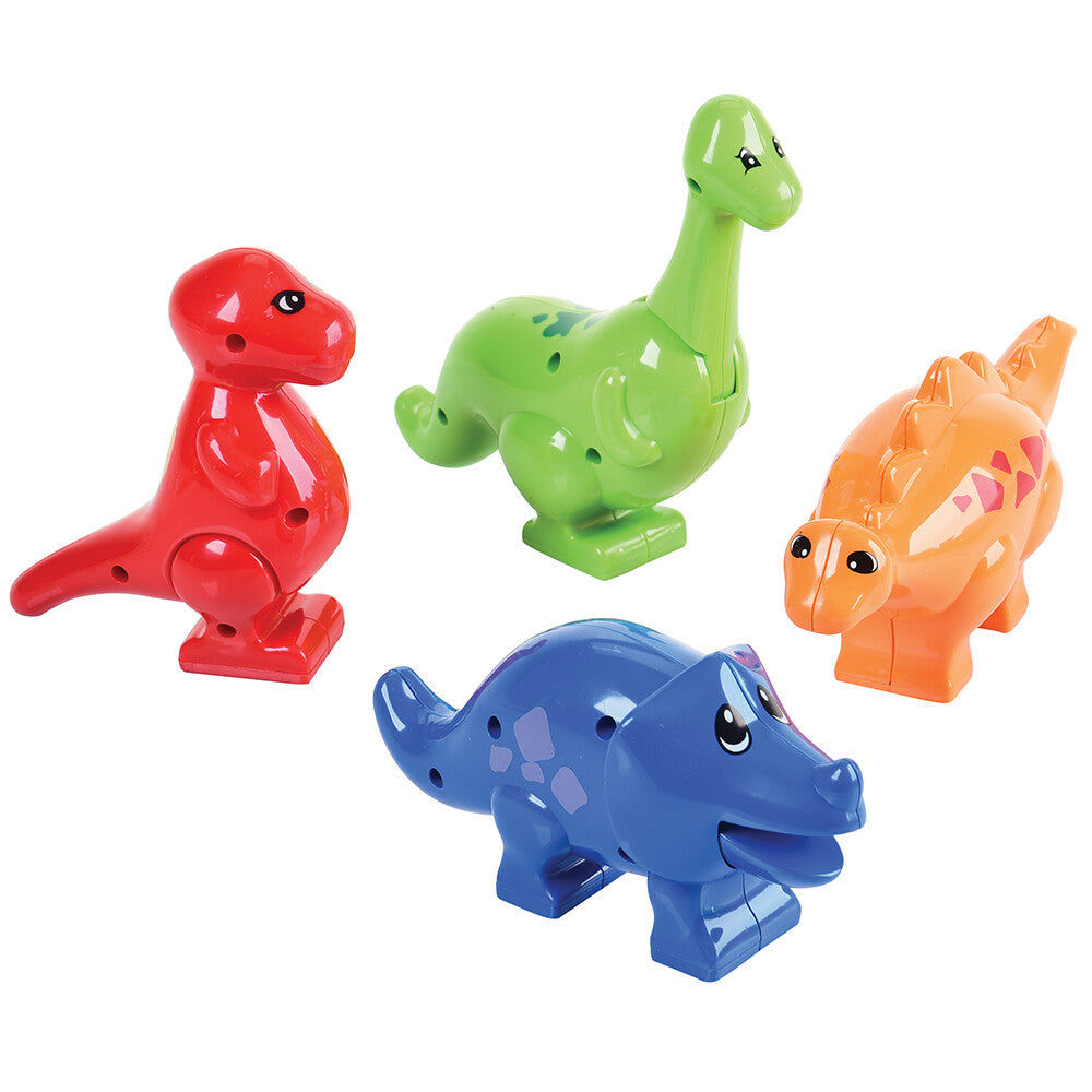 close-up of 4 dinosaurs for block play on white background