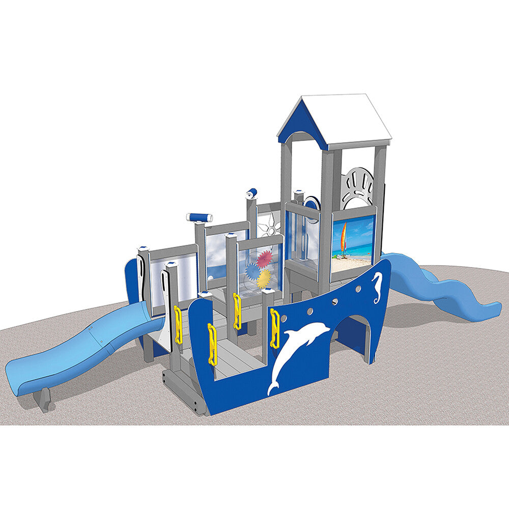 Overview of Beach Boat Themed Preschool Playground | Interactive Climber & Slide Playset for Ages 2-5