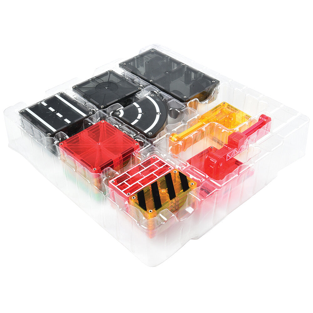 A collection of colorful Magna-Tiles in plastic packaging