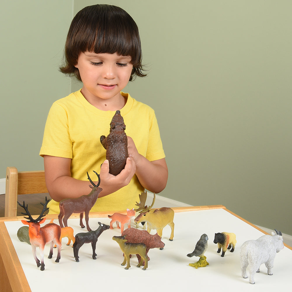 Child Examining Forest Bear Figure Up Close