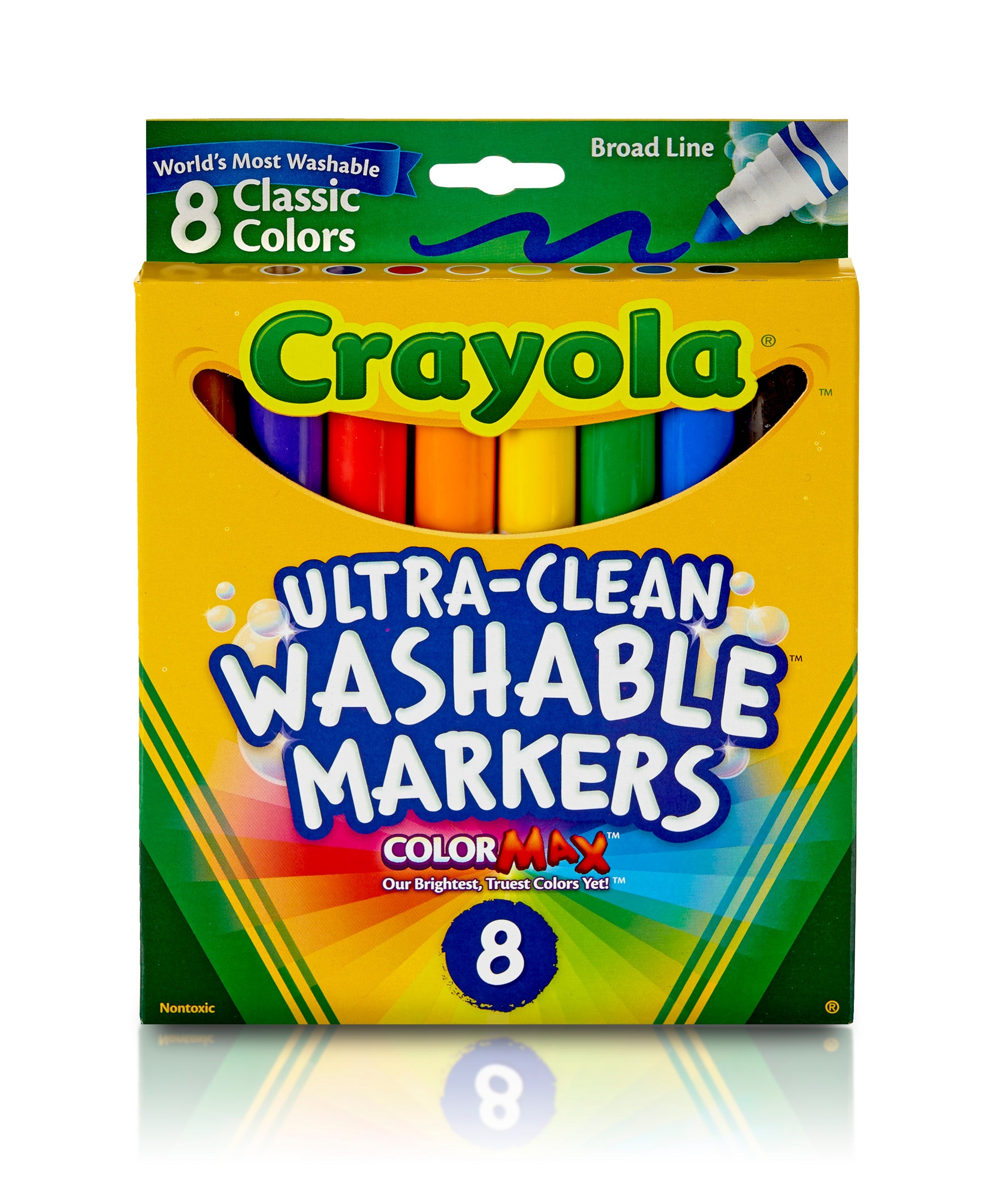 Packaging of Crayola Washable Broad Line Markers containing 8 classic colors. The packaging is predominantly yellow and green with images of the markers.