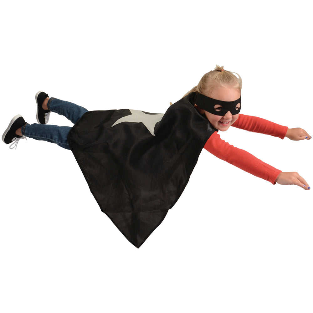 Kid Pretending to Fly with Adjustable Black Hero Cape & Mask Set