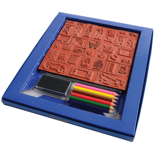 Stamp-A-Story Creative Rubber Stamp Set | 33 Stamps, Ink Pad & Colored Pencils