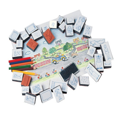 Stamp-A-Story Creative Rubber Stamp Set | 33 Stamps, Ink Pad & Colored Pencils