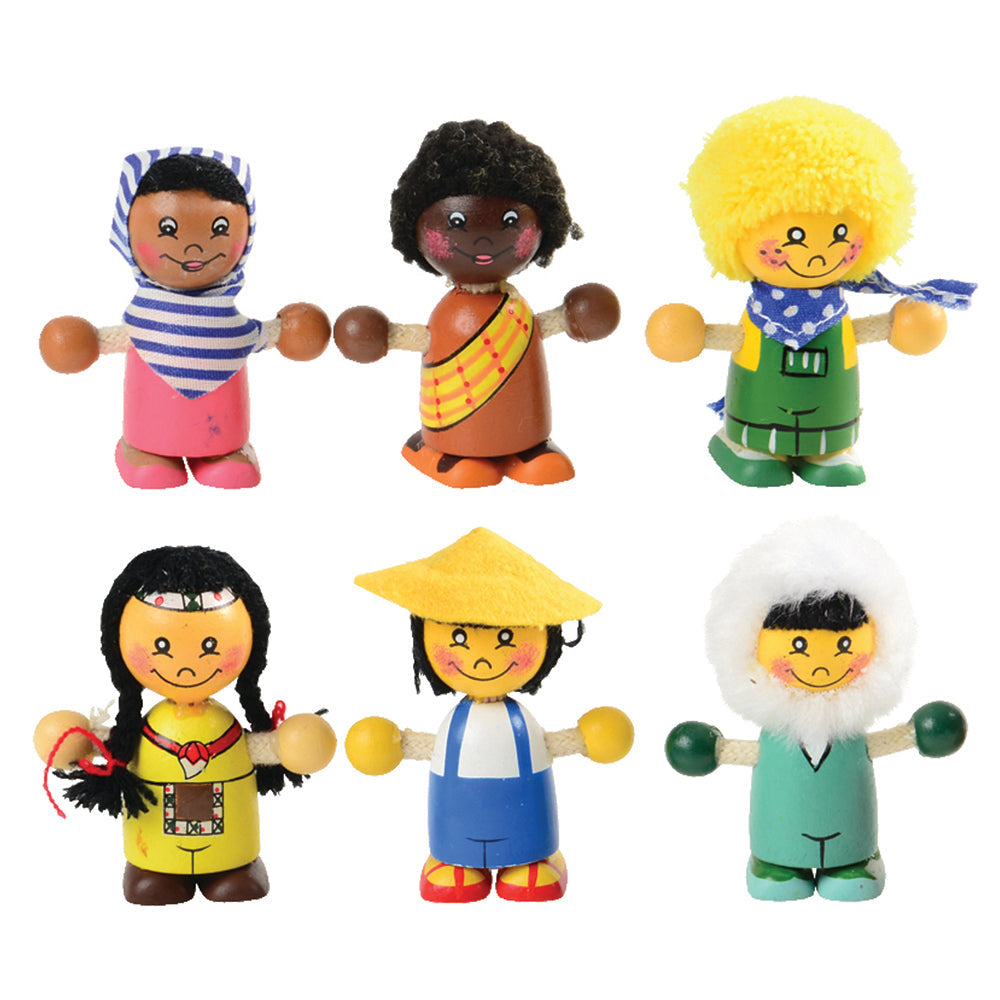 6-Piece Set of Colorful Wooden Diverse Dolls
