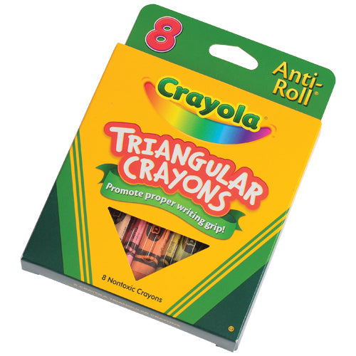 Packaging of Crayola Toddler Triangle Crayons with 8 colorful crayons visible through the green and yellow cardboard.