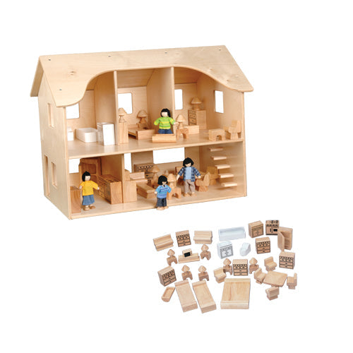 Hardwood Dollhouse & Furniture Combo Set