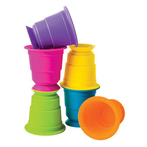 A set of six colorful silicone suction cups in purple, pink, yellow, green, blue, and orange, designed for young children.