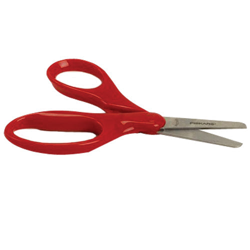 A pair of red blunt-tip Fiskars brand scissors with safety edge blades.