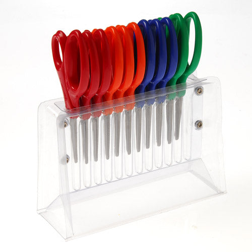 A set of blunt-tip Fiskars scissors in red, blue, green, and orange, arranged in a clear plastic case.