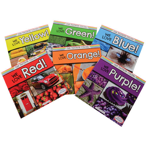 A set of six colorful children's books with the titles indicating different colors: Yellow, Green, Blue, Red, Orange, Purple.
