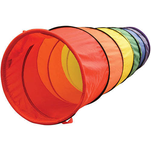 A colorful rainbow-colored crawl tunnel with a steel frame made of nylon fabric, with a fabric drape on one end.