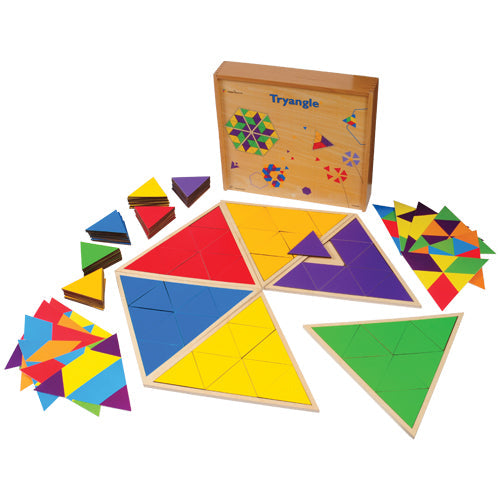 Wooden Geometry Puzzle Set – Tryangle Triangle Matching Game for Kids, STEM Shape Pattern Blocks with Cards, Ages 4+