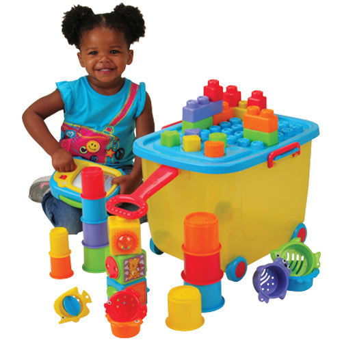 Toddler Toy Trolley | Rolling Wagon with Shape Sorter, Blocks, and Interactive Play Toys
