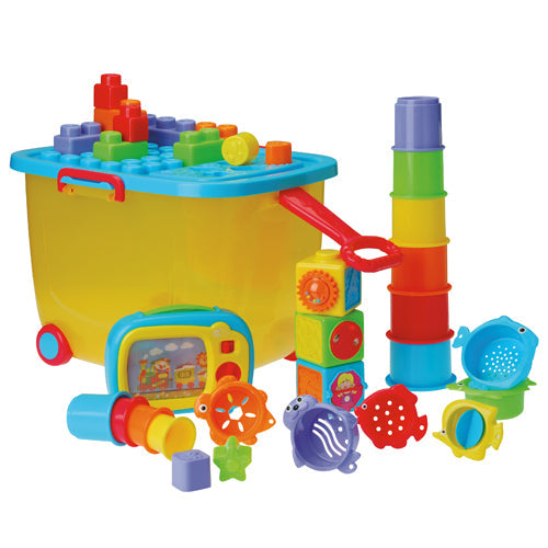 Toddler Toy Trolley | Rolling Wagon with Shape Sorter, Blocks, and Interactive Play Toys