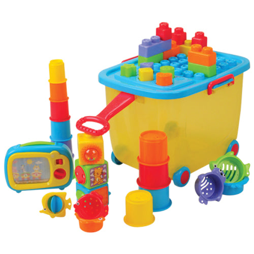 Toddler Toy Trolley | Rolling Wagon with Shape Sorter, Blocks, and Interactive Play Toys