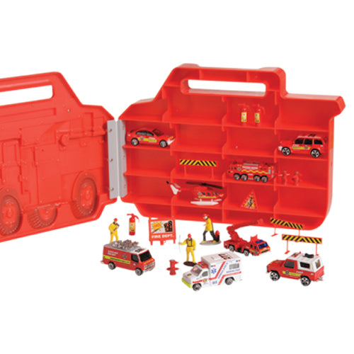 Fire Rescue Truck Carry Case with 22 Pieces – Die-Cast Fire Vehicles & Figures Playset for Kids