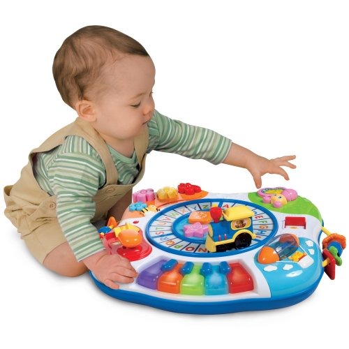 Baby Playing on the Floor with Letter Train & Piano Activity Table