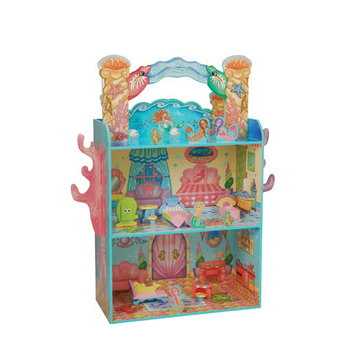 Front View of Majestic Mermaid Mansion | 3-Level Wooden Dollhouse with Sea-Life Furniture & Characters