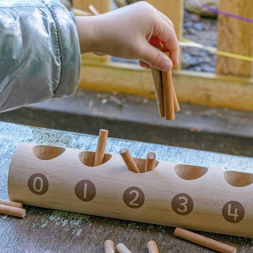 Close-up of Eco-Friendly Wooden Counting Log with Sticks