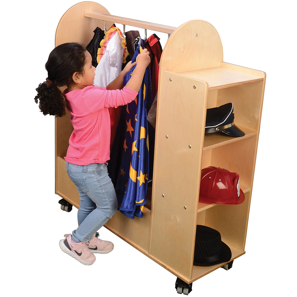 Kid Hanging Cape on Hook on Dress-up cart
