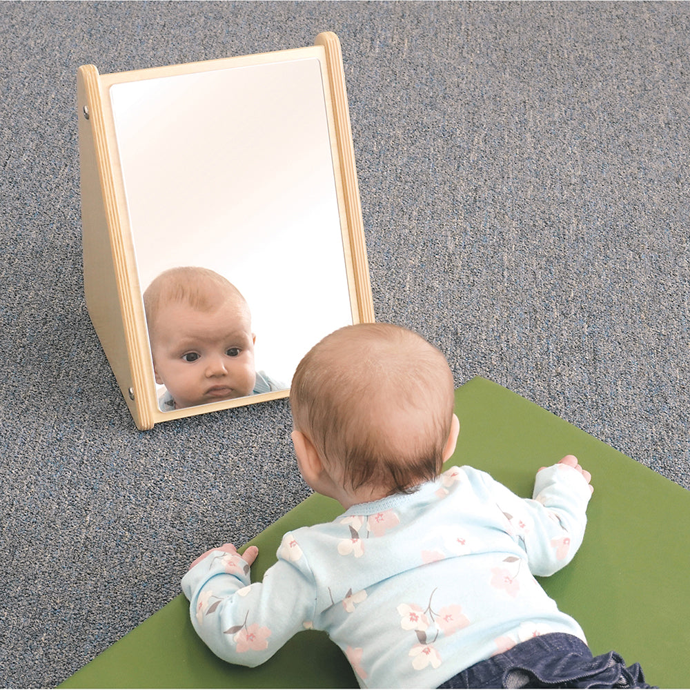Sensory Engagement with Peek-A-Boo Angled Mirror with Eco-Friendly Wooden Stand