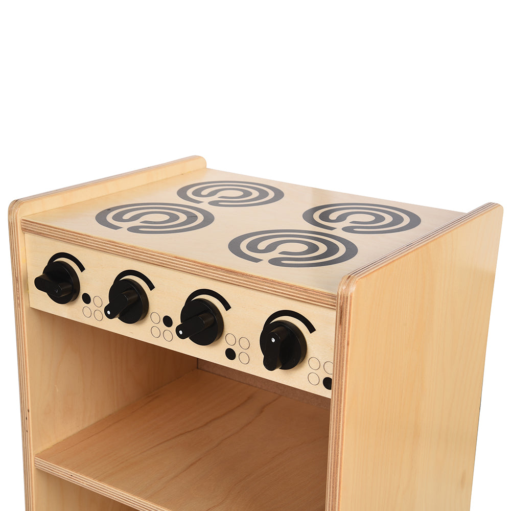 Close-up of Safe-Play Eco-Friendly Wooden Toddler Kitchen Stove