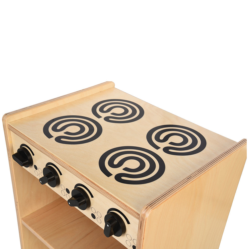 View of Burners on Safe-Play Eco-Friendly Wooden Toddler Kitchen Stove