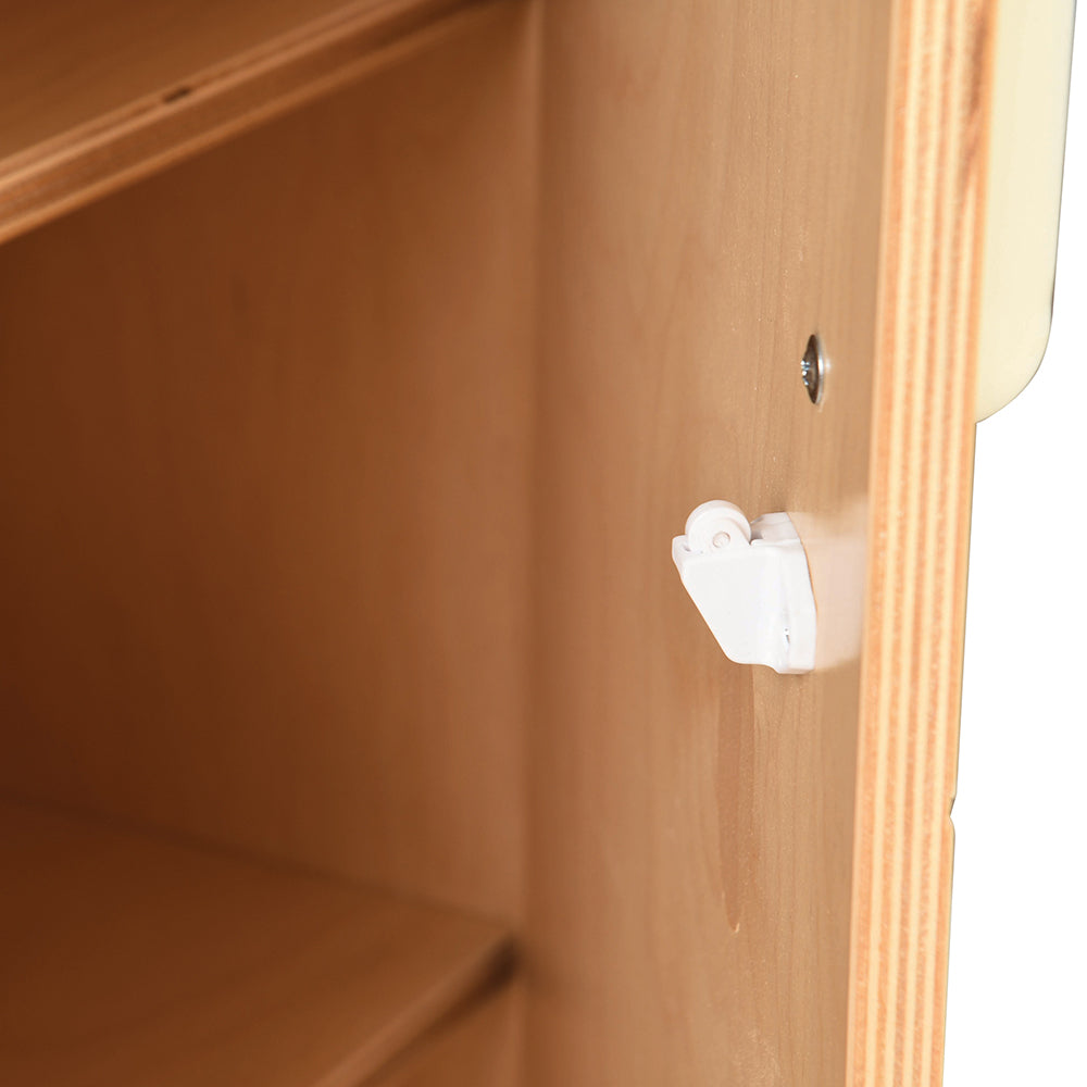 Close-up of Safety Features of Safe-Play Eco-Friendly Wooden Toddler Refrigerator