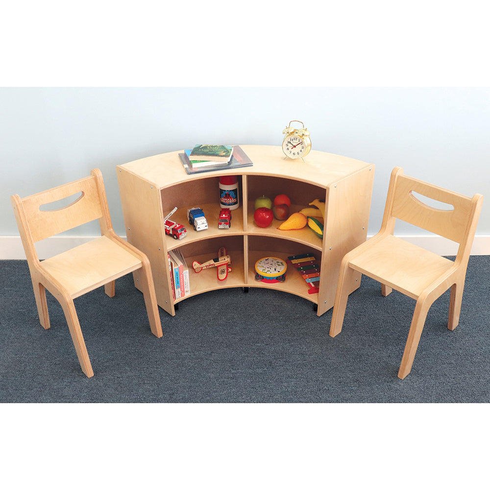 Quarter Circle Birch Storage Unit with Inner Shelves Surrounded By Two Wooden Chairs
