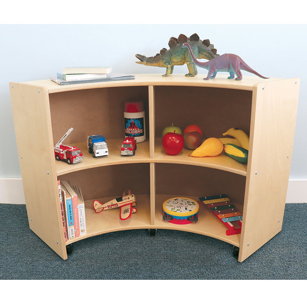 Quarter Circle Birch Storage Unit with Inner Shelves Used in Classroom