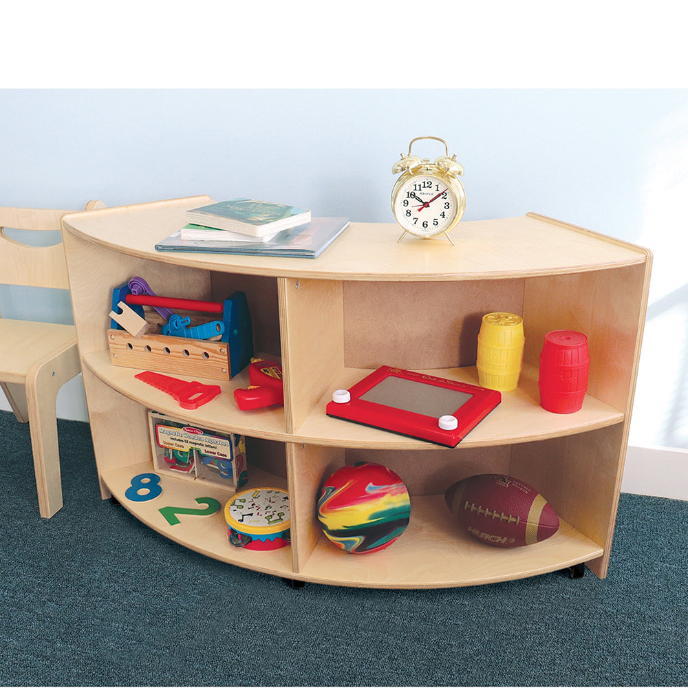Quarter Circle Birch Classroom Storage Unit with Outer Shelves & Casters Shown in the classroom