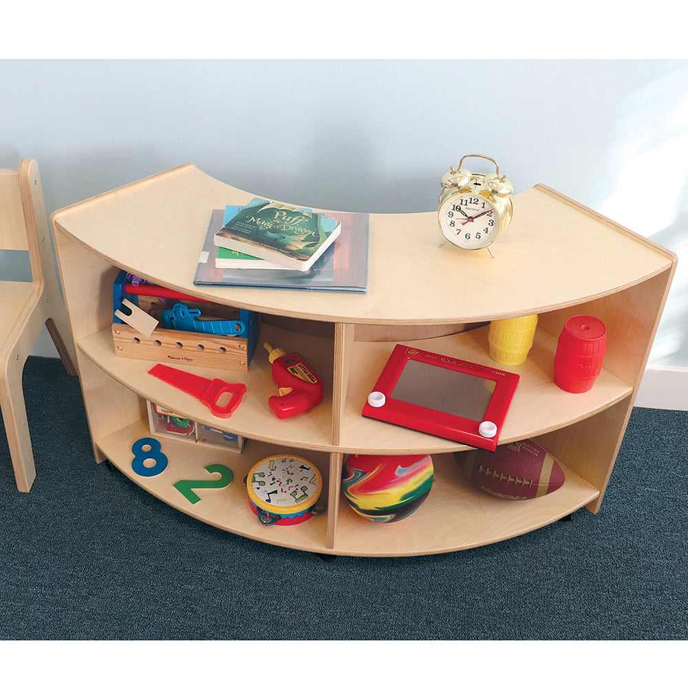 Quarter Circle Birch Classroom Storage Unit with Outer Shelves & Casters in the classroom