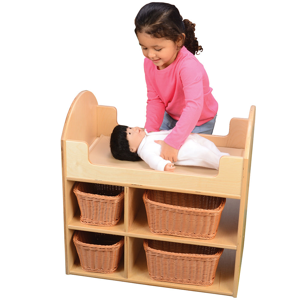 Laying Doll on Eco-Friendly Doll Changing Table with Wicker Baskets