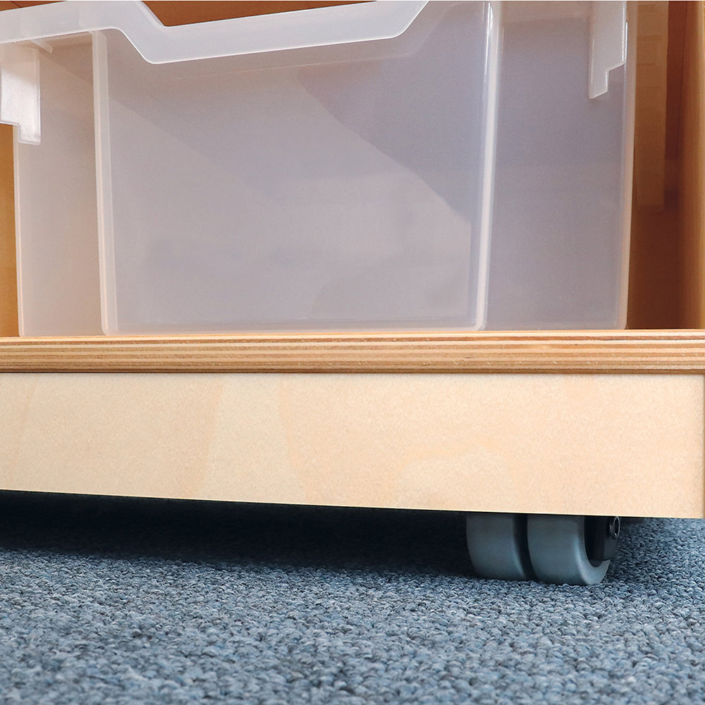 Close-up of Mobile Wheels on Extra Deep Birch Tote Storage Unit