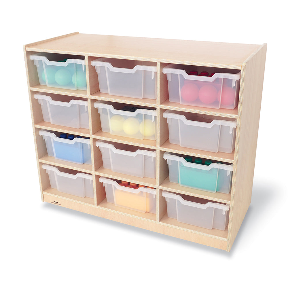 Extra Deep Mobile Birch Tote Storage Unit with 12 Clear Trays for Easy Organization