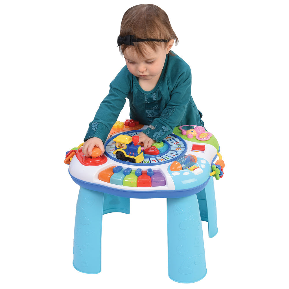 Toddler Playing with Letter Train & Piano Activity Table