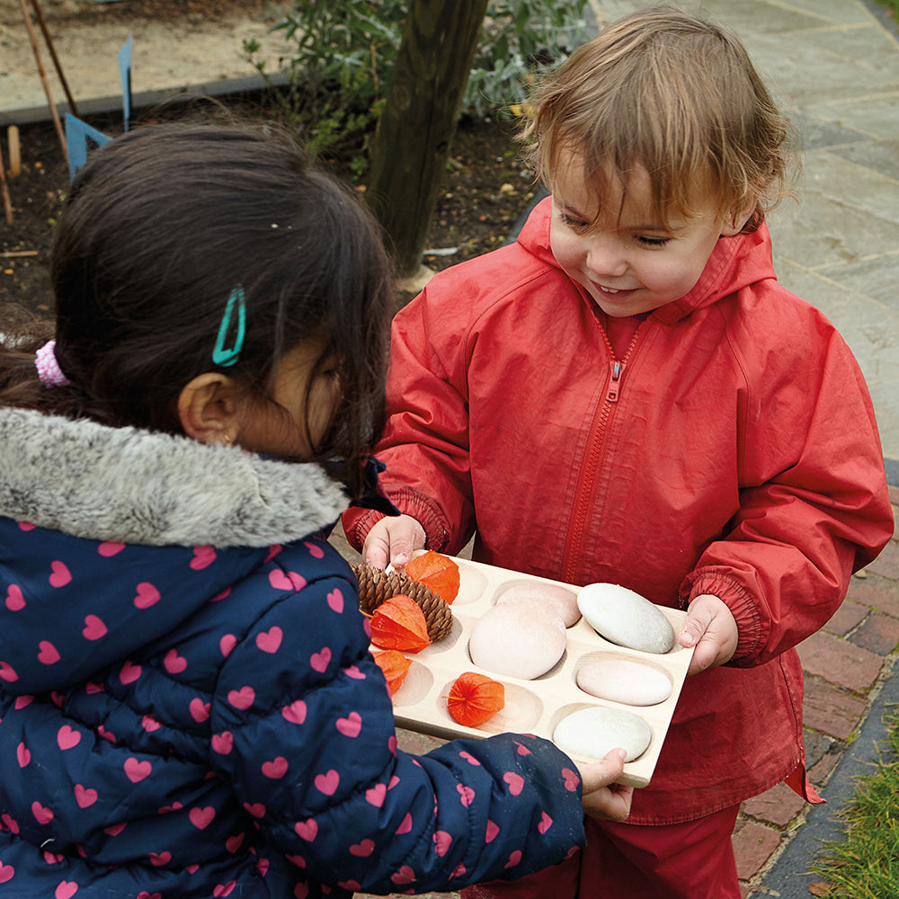 Kids Collecting Bits of Nature with Wooden Sorting Tray