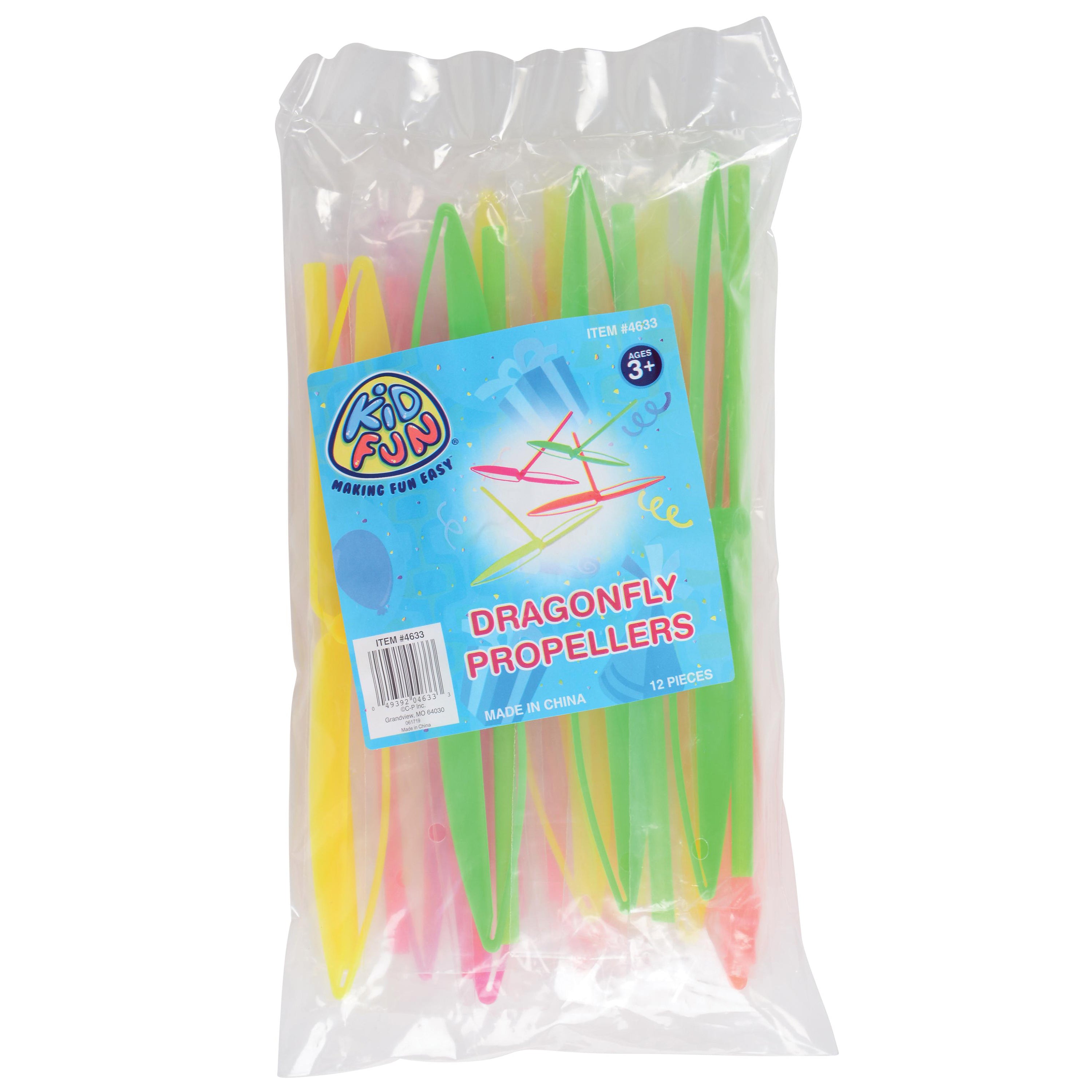 Packaged dragonfly propellers with colorful handles and a clear plastic bag on a white background.