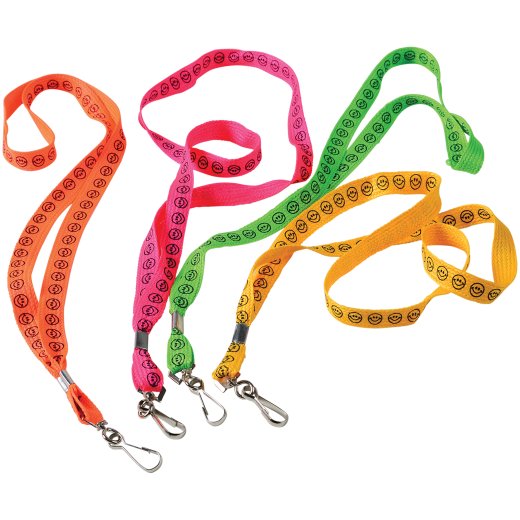 Smiley Face Lanyards – Assorted Neon Colors (Set of 12)