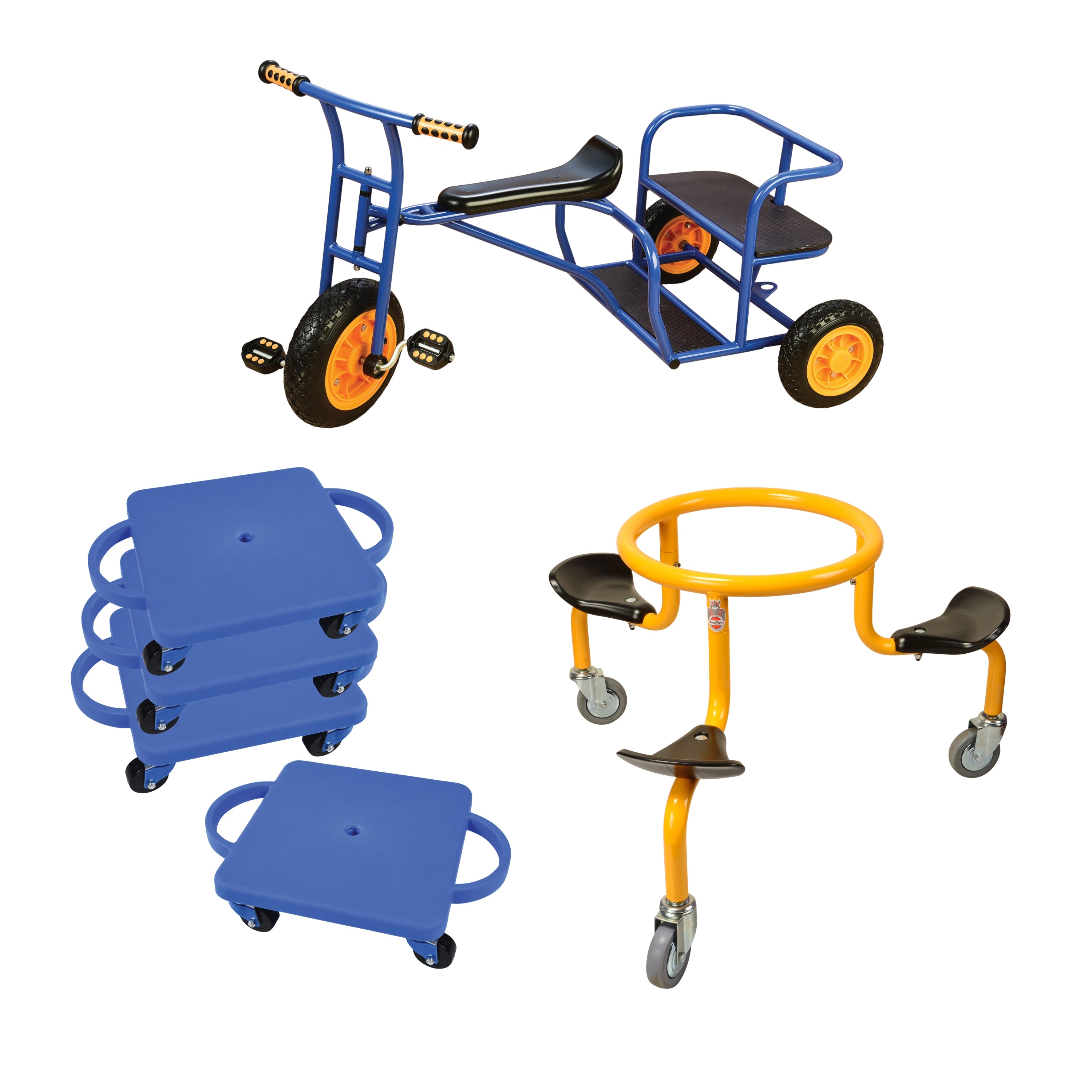 Set of playground equipment including a blue tricycle, blue scooter boards, and a yellow and black circle bike on a white background.