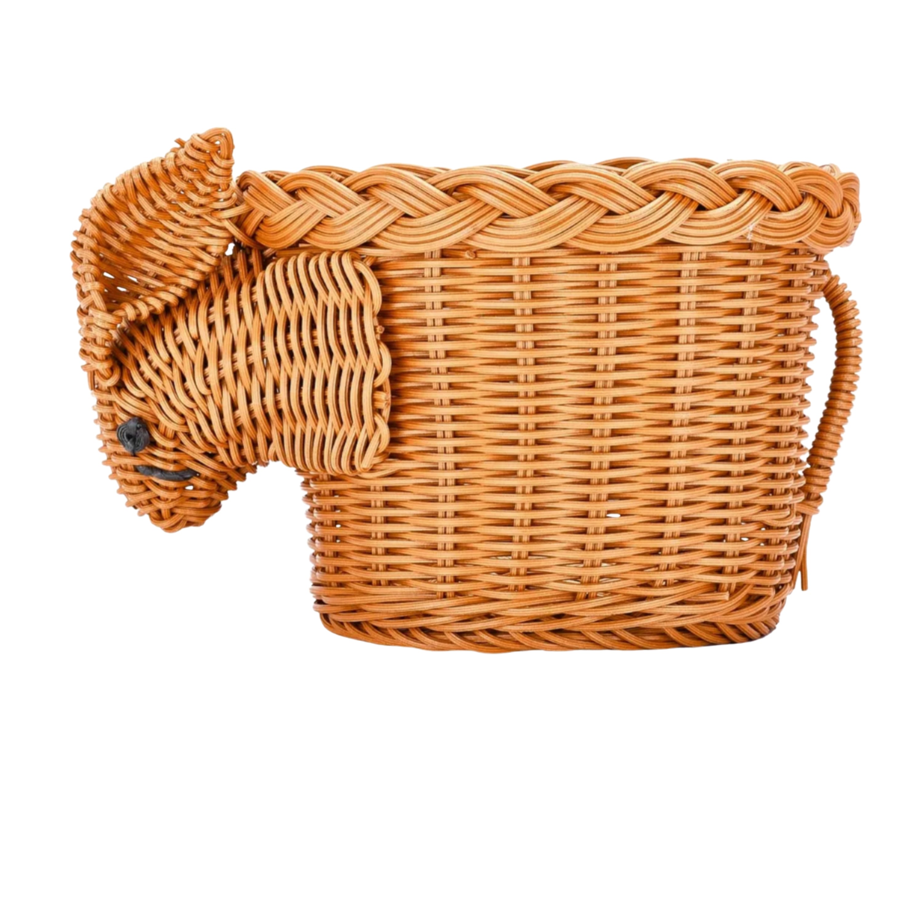 Wicker basket shaped like a rabbit on a white background