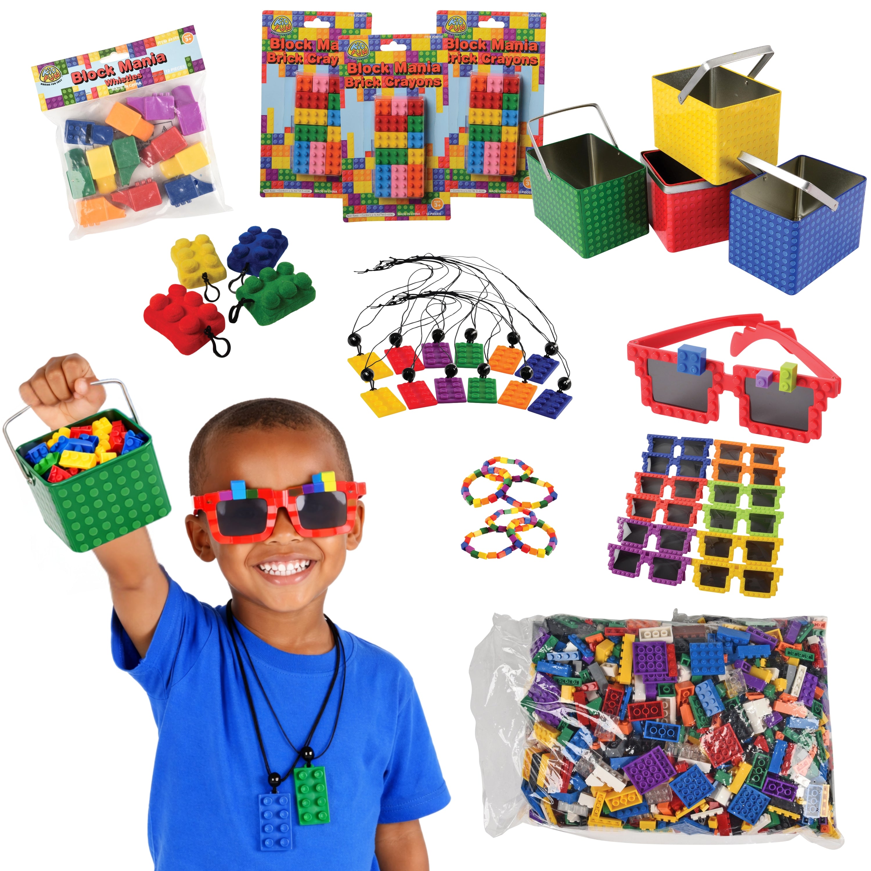 Colorful building block toys and accessories with a child holding a green bucket filled with blocks.