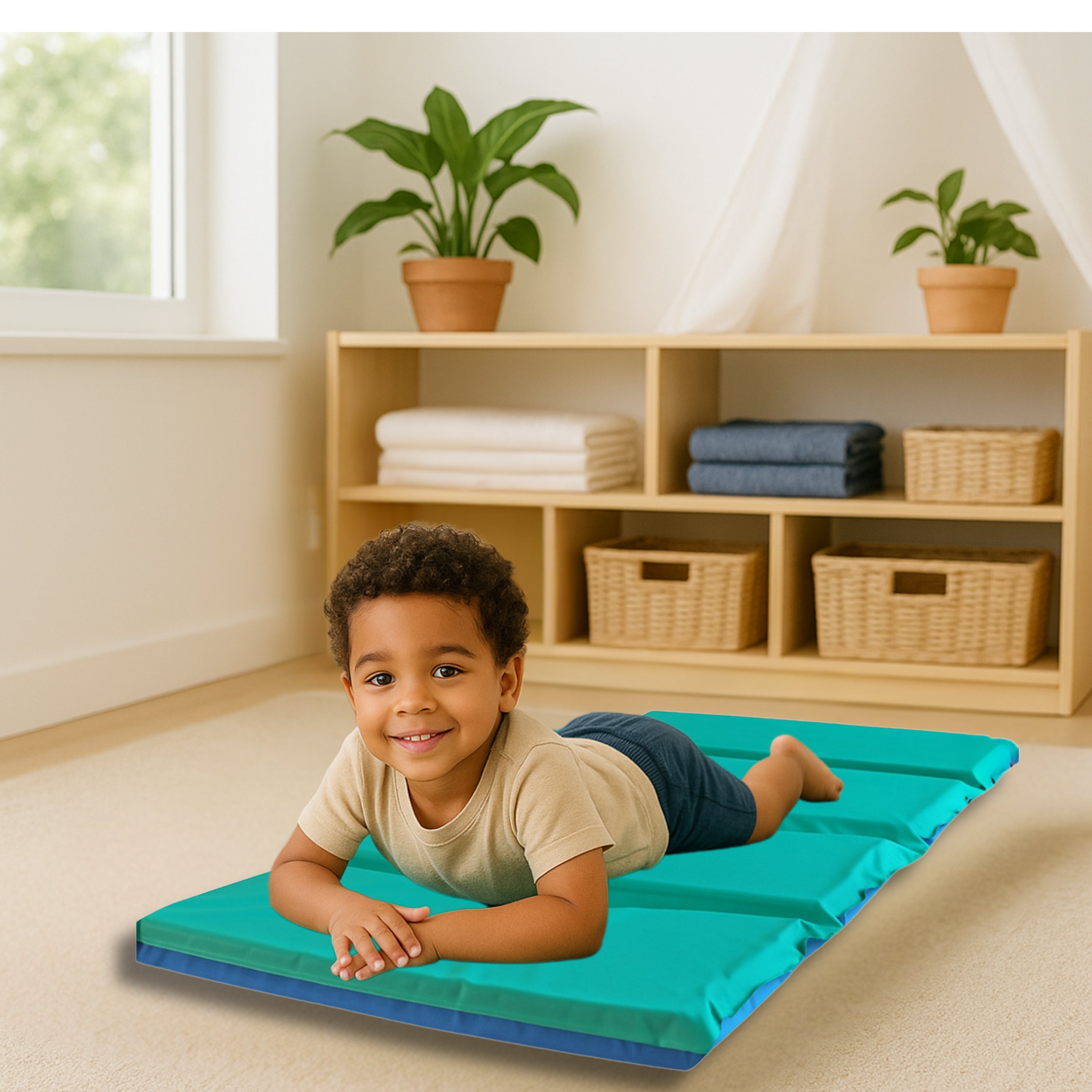Child lying on a blue mat in a room with shelves and plants