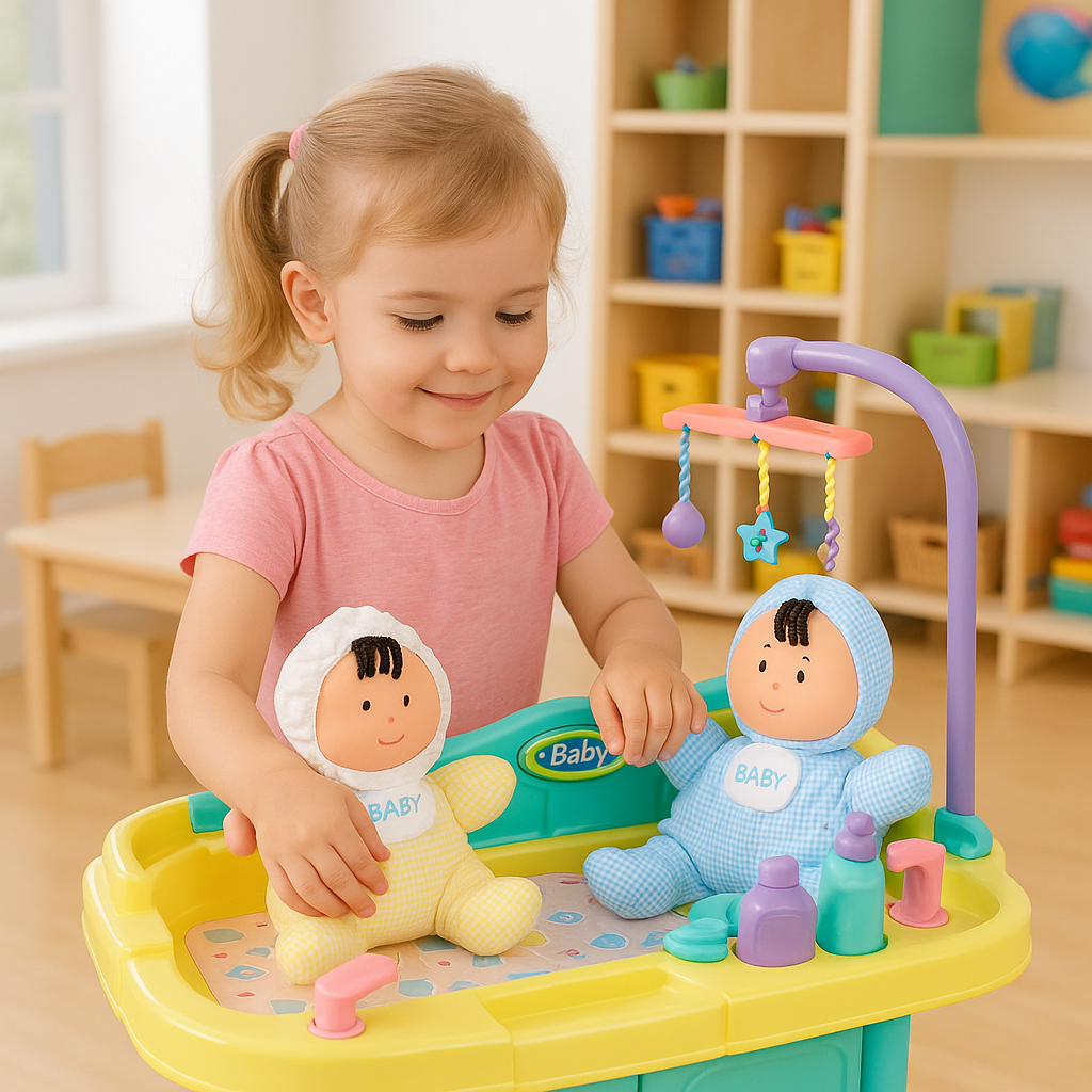 Kid Playing with baby Dolls & Baby Care Center in classroom