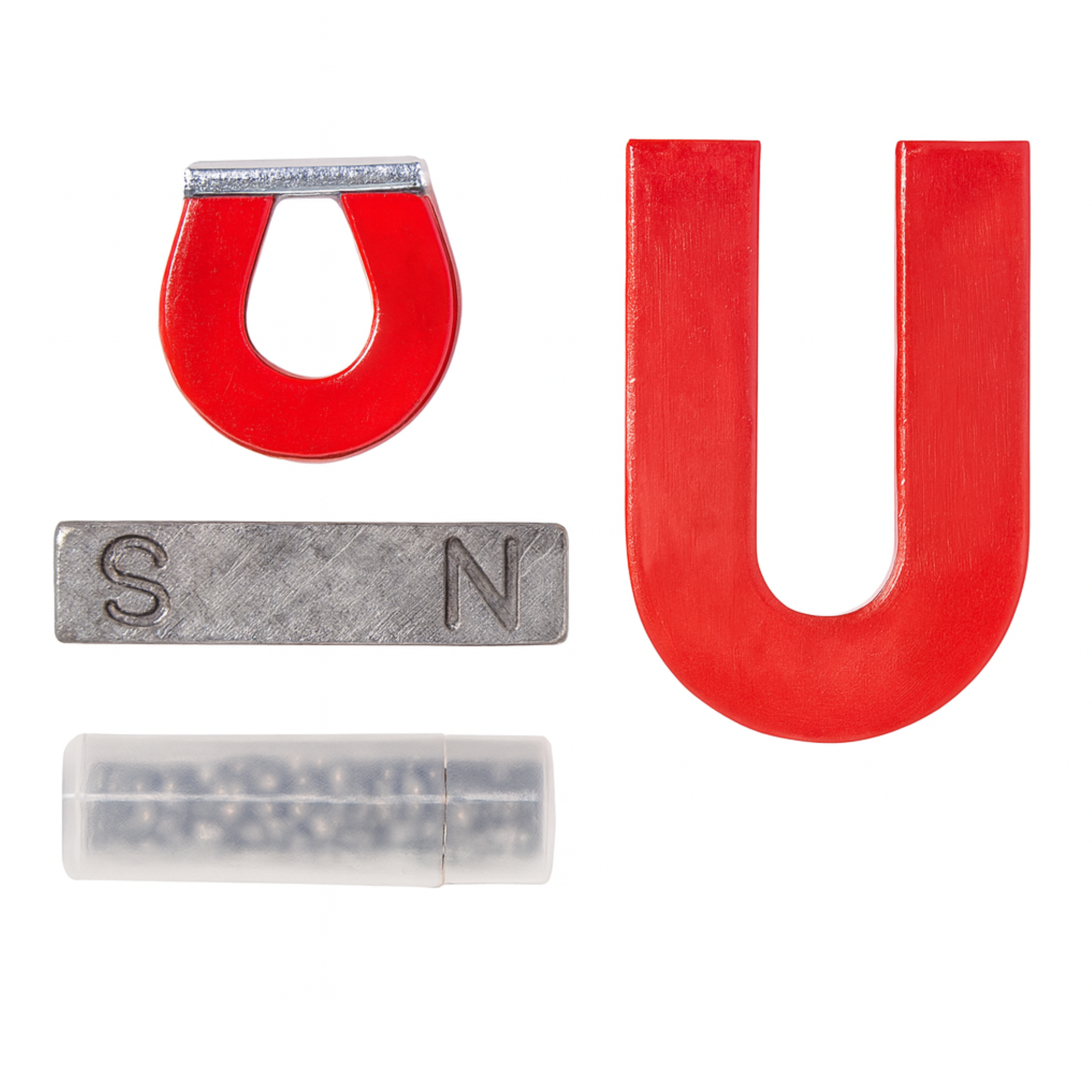 Alnico Science Kit- 1" horseshoe, 2" horseshoe, 2" bar magnet plus a tube of iron filings and steel shapes