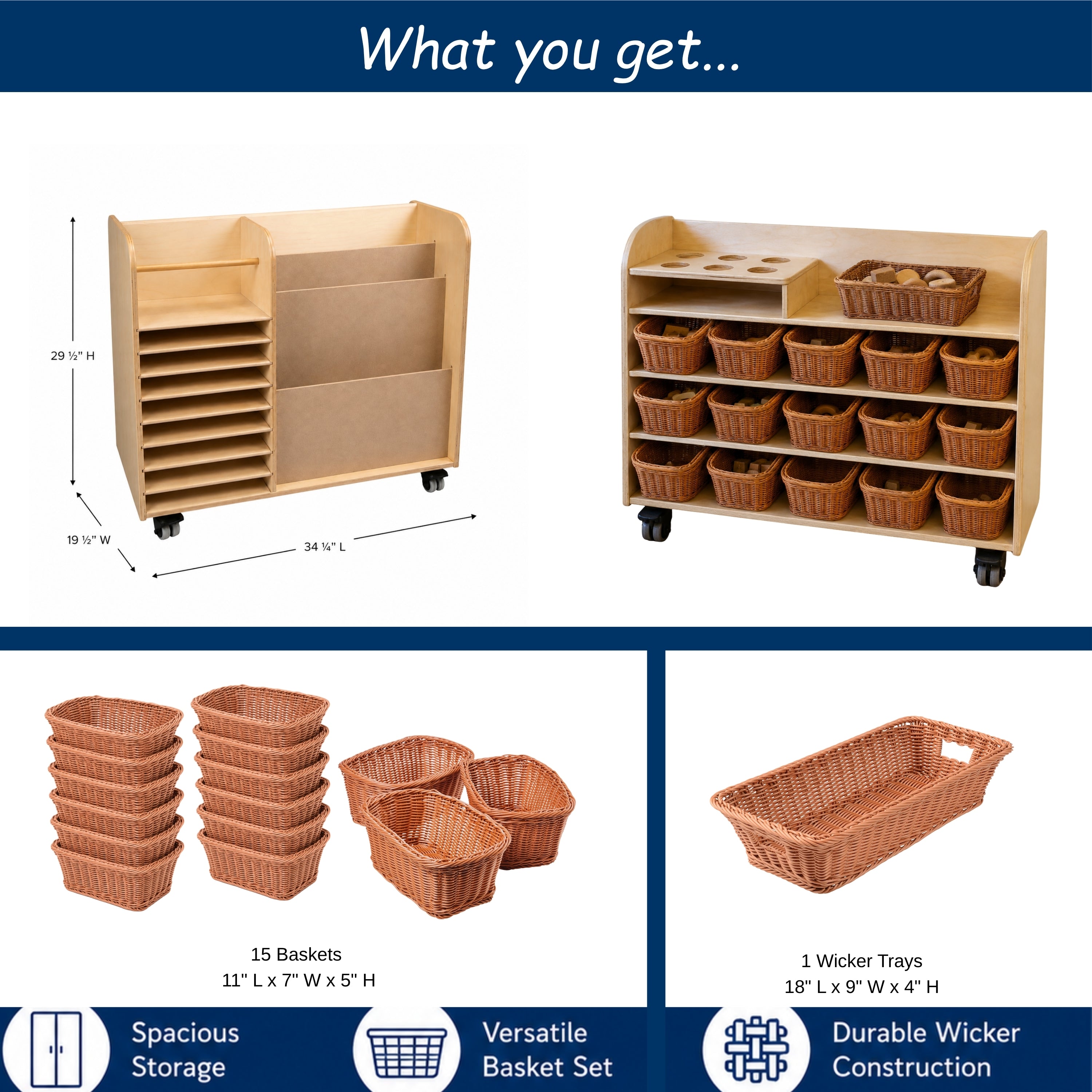 Double-Sided Mobile Art Storage Cart with 16 Woven Baskets