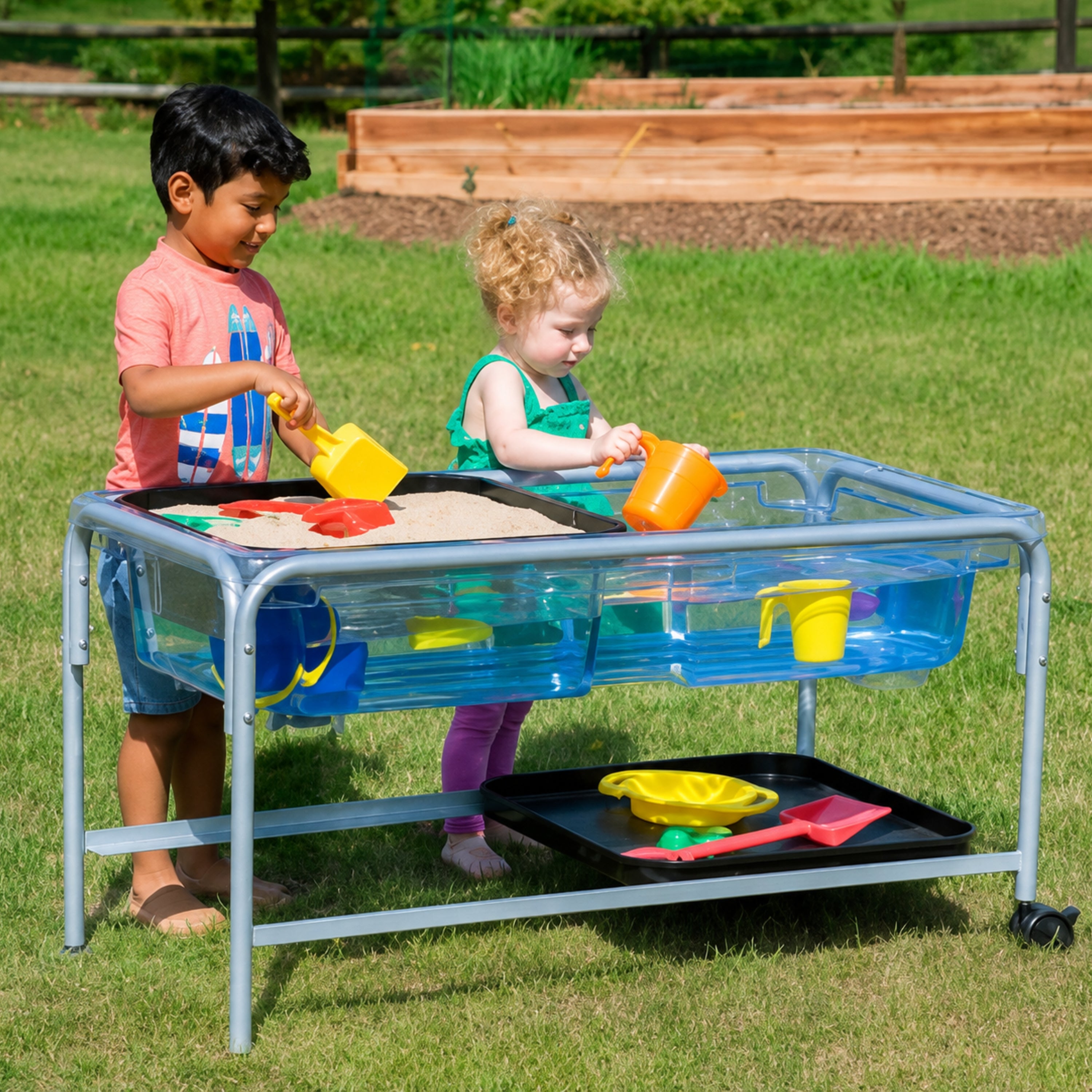 Toddler Clear-View Sand & Water Tray Set | Transparent Sensory Table with Stand & Lids